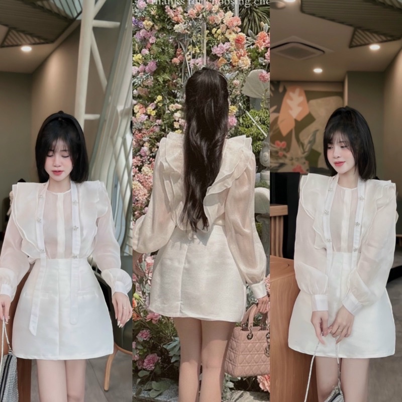 Set áo tiểu thư tay voan đính đá kèm chân váy Tafta bigsize từ 55-100kg