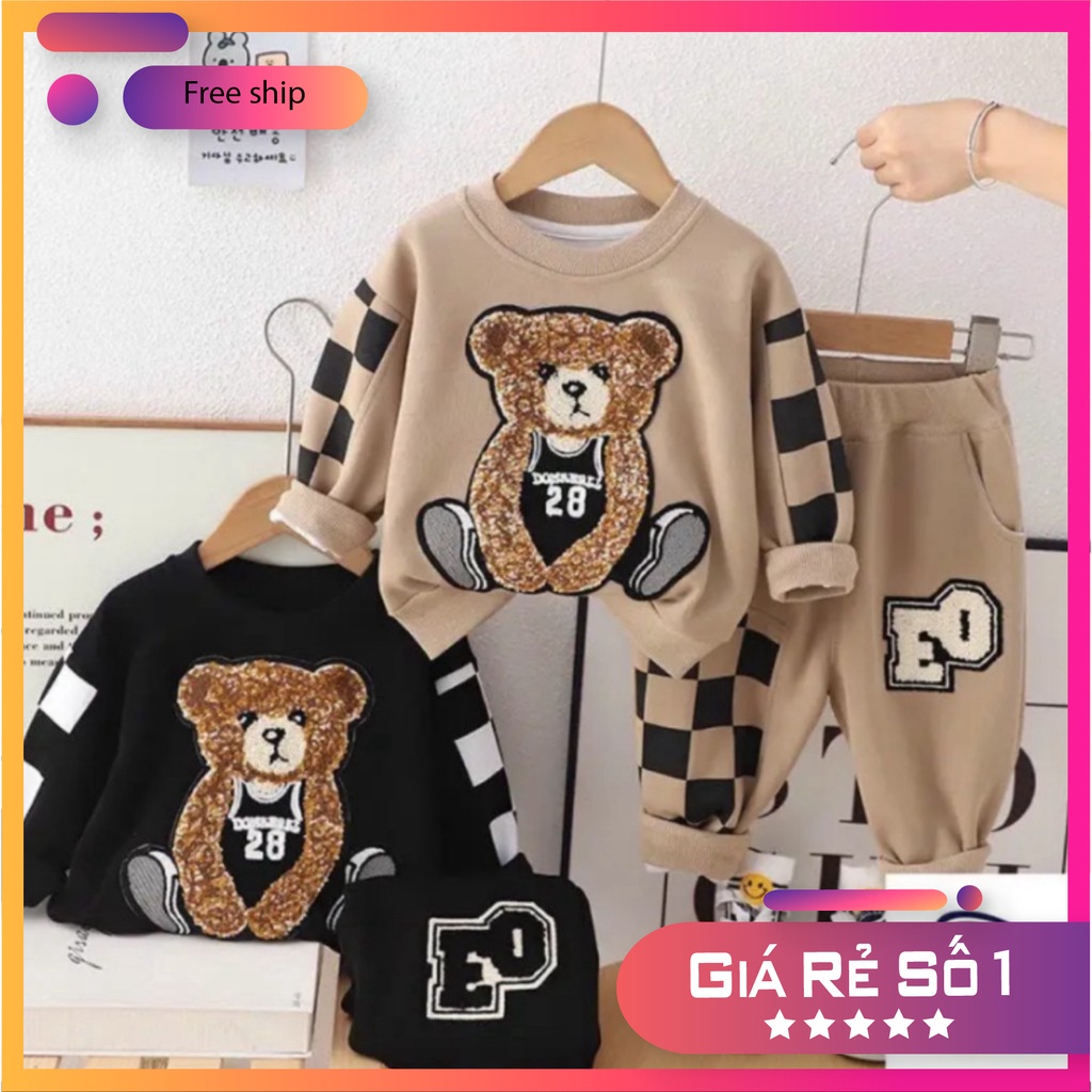 Bộ nỉ thu đông hình gấu cho bé trai phong cách hàn quốc Size 10-25 kg