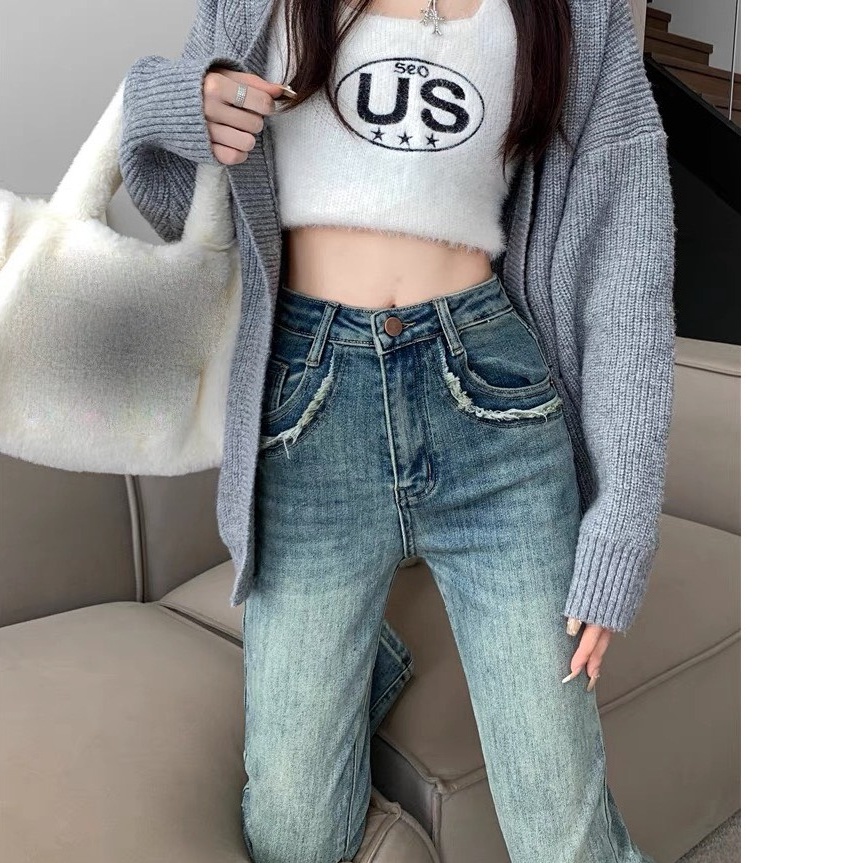 Quần jeans ống đứng cạp cao , Quần bò ống đứng túi viền tua rua dáng siêu kute MS 53 hh