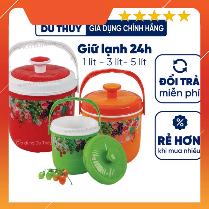 Bình đựng nước đá tròn Tý Liên có quai xách size nhỏ 1L, 3L, 5L giữ lạnh 24h nhựa chính phẩm an toàn thương hiệu Tý Liên