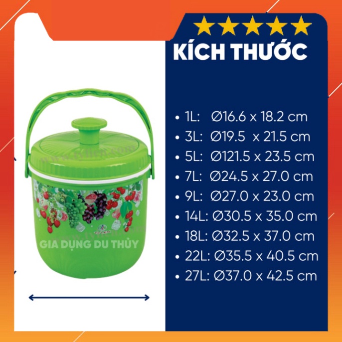 Bình đựng nước đá tròn Tý Liên có quai xách size nhỏ 1L, 3L, 5L giữ lạnh 24h nhựa chính phẩm an toàn thương hiệu Tý Liên