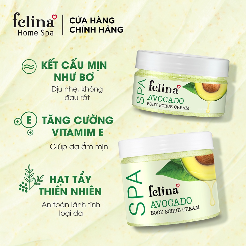 [HB GIFT] Kem tắm tẩy tế bào chết body Felina Home Spa 30g từ bơ nghiền nguyên trái giúp da sạch sâu