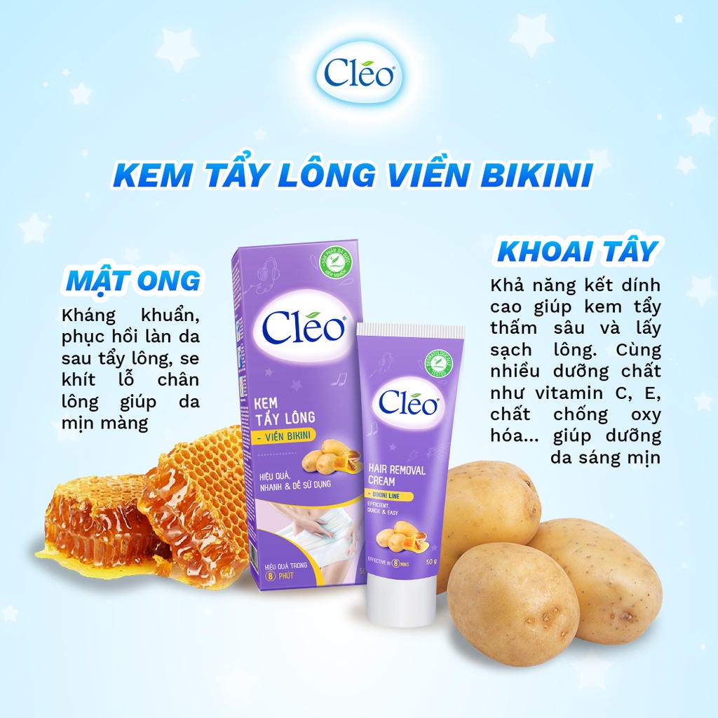 Bộ đôi kem tẩy lông Cléo cho vùng kín, viền bikini 50g và Lotion tẩy lông Cleo dạng sữa 90ml cho tay, chân & body