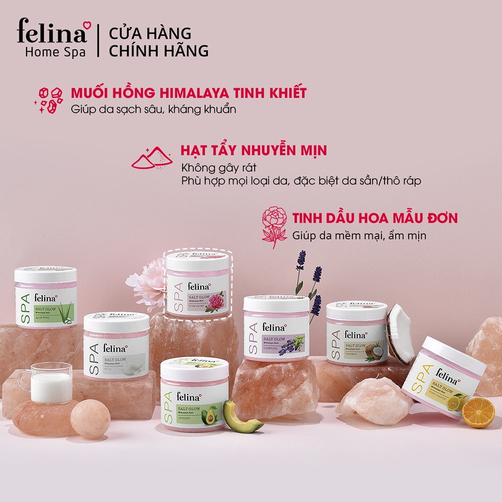 Combo 2 Hộp Muối Tắm Tẩy Tế Bào Chết Body Felina Home Spa 500g/hộp muối hồng Himalaya và 1 chai Gel tắm tinh dầu 800ml