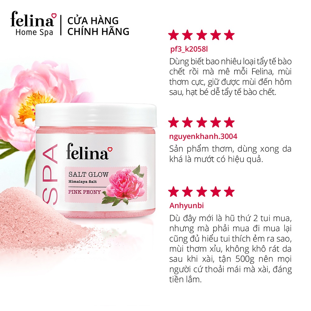 Combo 2 Hộp Muối Tắm Tẩy Tế Bào Chết Body Felina Home Spa 500g/hộp muối hồng Himalaya và 1 chai Gel tắm tinh dầu 800ml