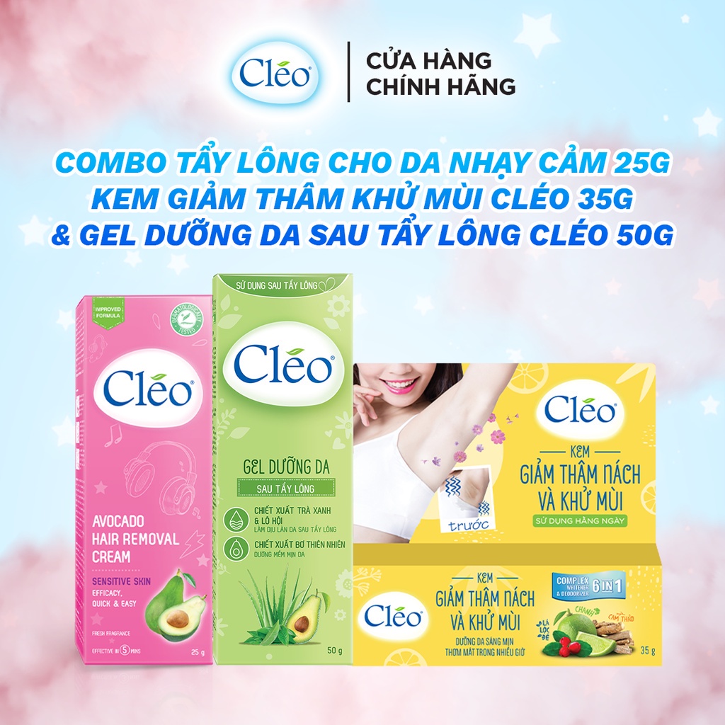 Bộ Tẩy lông nách chuyên sâu Cleo gồm kem tẩy lông da nhạy cảm 25g, gel dưỡng da 50g và kem giảm thâm nách khử mùi 35g