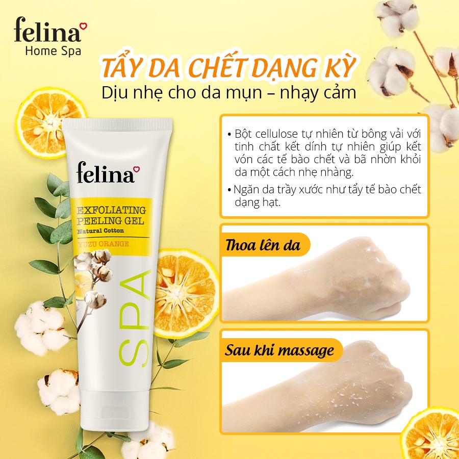 Gel tắm tẩy tế bào chết Felina Home Spa dạng gel kỳ 300ml từ sợi bông vải chiết xuất Cam Yuzu cho da sáng mịn