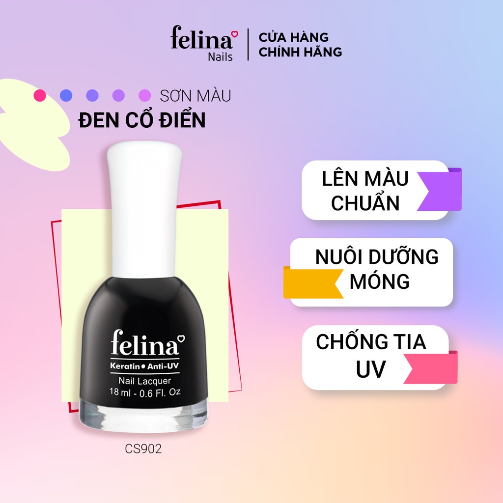 [Mã FRANCIA50 giảm 50% đơn 0] Sơn móng tay Felina Nail 18ml, Màu Đen CS902, Lên Màu Đều Đẹp