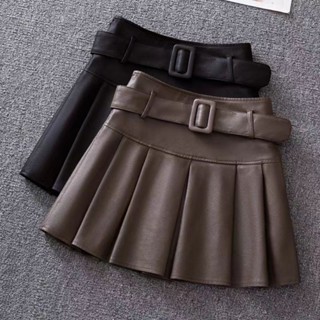 Jiashucheng Chân Váy Da pu Ngắn Xếp Ly Lưng Cao Dáng Chữ a Thời Trang Thu Đông Cho Nữ