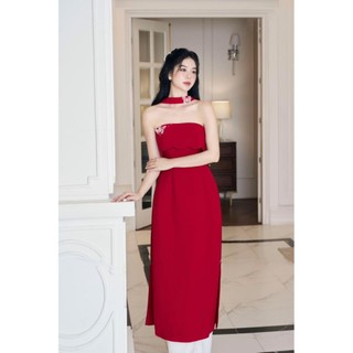 Áo Dài Cách Tân Cúp Ngực Choker Cổ Sang Trọng Màu Đỏ Nổi Bât- D0832 TH