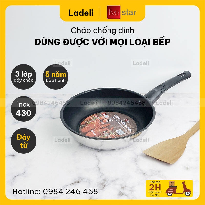 Chảo chống dính 3 đáy inox 430 Fivestar size 16-20-24-26cm dùng được với bếp từ