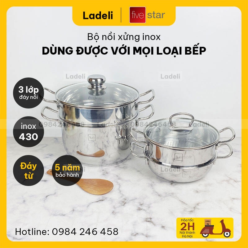 Bộ nồi xửng inox 3 đáy Fivestar size 20-26cm dùng được với bếp từ