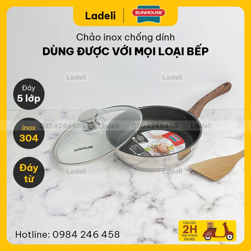 Chảo inox 304 vung kính đáy từ SUNHOUSE IN20ME5 / IN24ME5 20-24cm 5 đáy chống dính dùng được với bếp từ