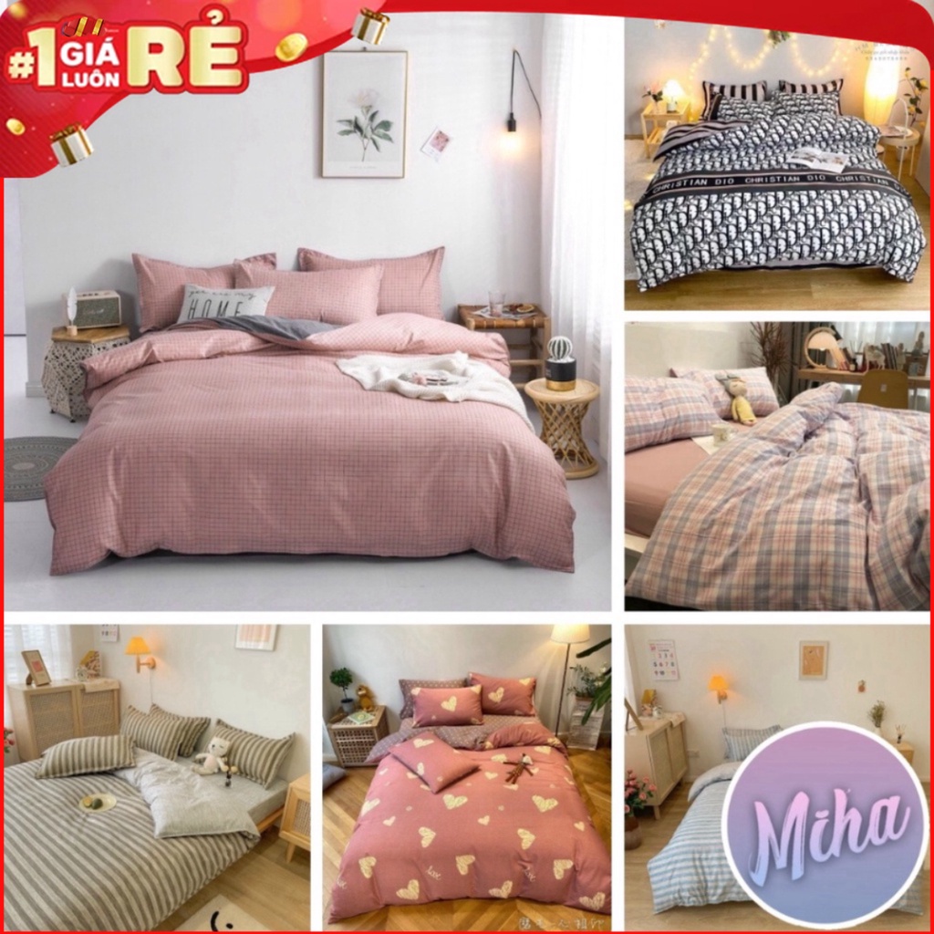 Bộ chăn ga gối Cotton Poly Kẻ Hàn Quốc, vỏ chăn mền, drap gường và 2 vỏ gối