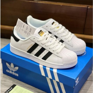 Giày_Adidas Superstar Màu Trắng 3 Sọc Đen Tem Vàng, Giày thể thao nam nữ Adidas mũi sò trắng sọc đen bản S.Cấp full PK