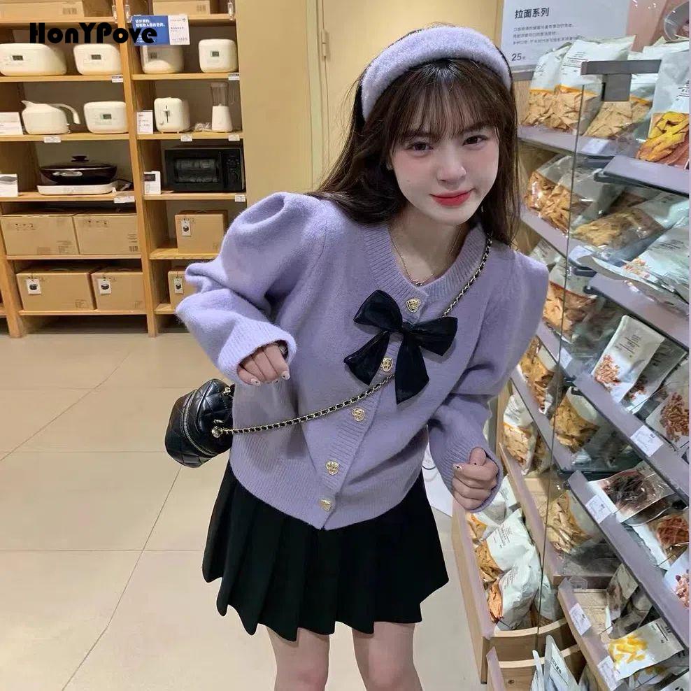 Honypove Set Áo Khoác cardigan Thắt Nơ Và Chân Váy Xếp Ly Phong Cách Nhật Bản Thanh Lịch Dành Cho Nữ