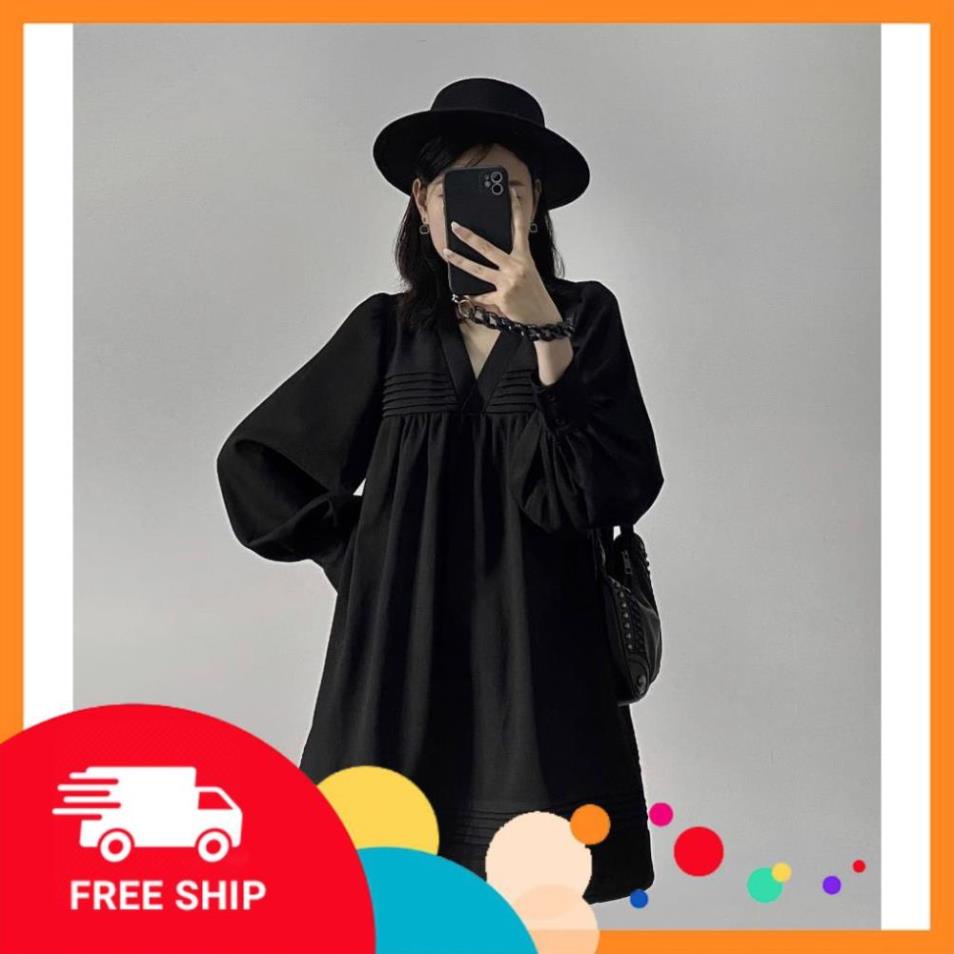 Váy babydoll dáng ngắn cổ V dài tay 2 màu đen và trắng _CAO CAP | BigBuy360 - bigbuy360.vn