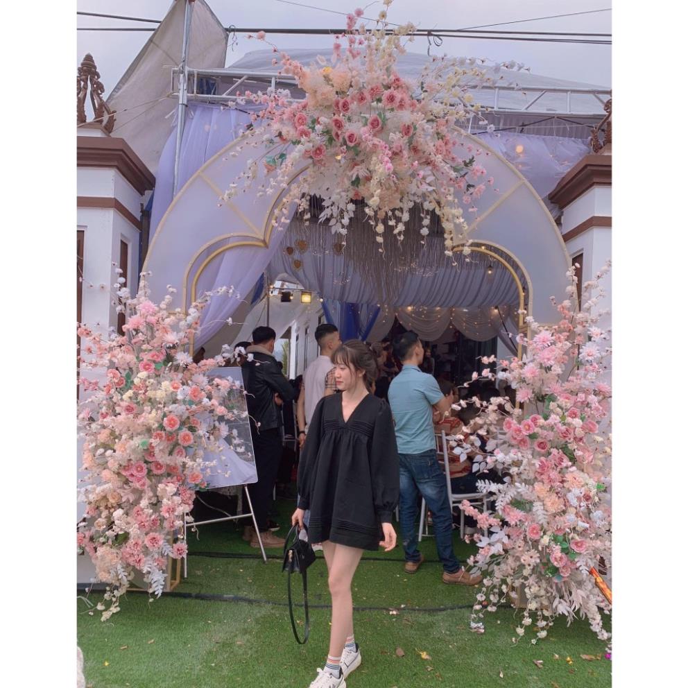 Váy babydoll dáng ngắn cổ V dài tay 2 màu đen và trắng _CAO CAP | BigBuy360 - bigbuy360.vn