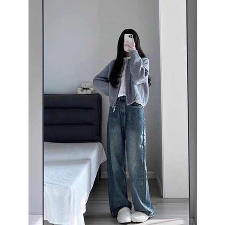 Áo khoác cardigan áo cardigan nữ Áo len màu xám cho phụ nữ mùa thu đông 2023 phong cách mới lỏng lẻo phù hợp với dây kéo dày tay áo dài tay áo ngắn dệt kim Cardigan