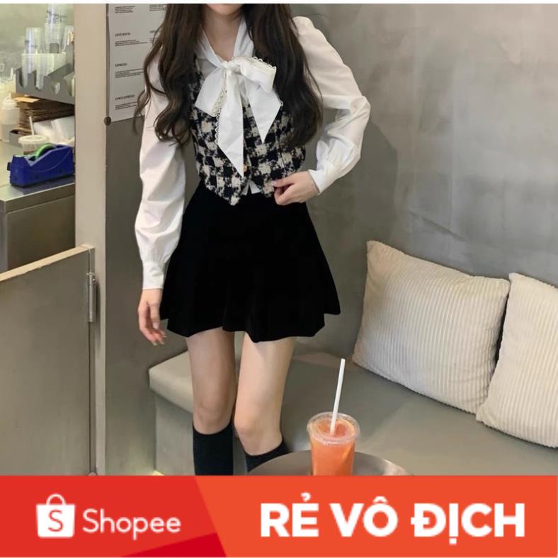 MS21 Set Dạ 2 Món Áo Gile Kẻ Liền Sơ Mi Trong Siêu Xinh Phong Cách Hàn Quốc Có Ảnh Thật- Miu Shop