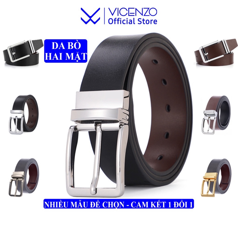 Thắt Lưng Nam Da Bò Thật Cao Cấp Dây Đục Lỗ Cổ Điển Dùng 2 Mặt Đen/Nâu Khóa Ko Rỉ, Dây Thắt Lưng Nam Da Bò Vicenzo - Hàn