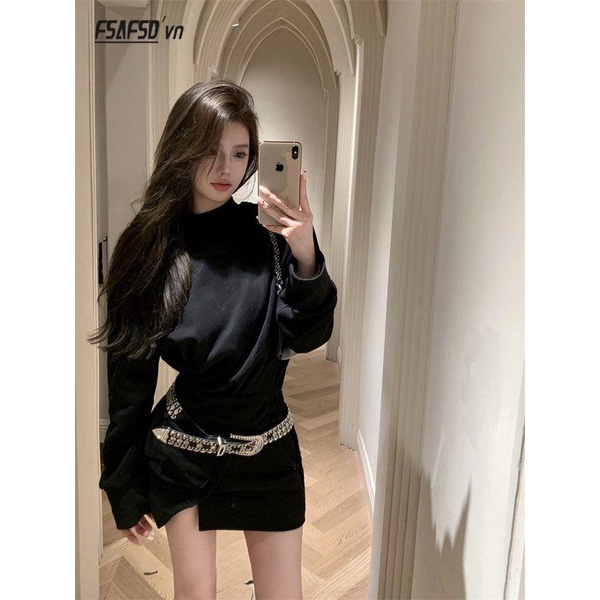 Đen Đầm Nỉ Tay Dài Thời Trang Thu Đông Cho Nữ