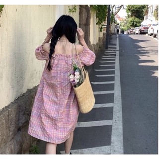 Đầm Bệch vai Caro Kẻ Ô Tay Bồng Suông rộng M, Váy Suông babydoll nhún ngực