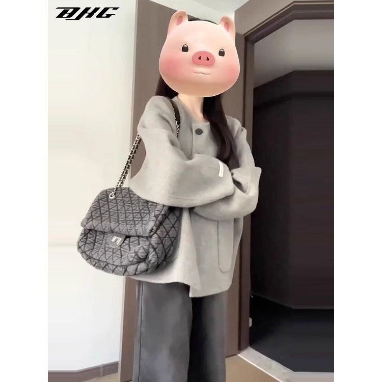 Merad Áo Khoác Len Chần Bông Nhỏ Màu Xám Phong Cách hepburn Hàn Quốc Mặc Ngoài Trời Mùa Thu Đông