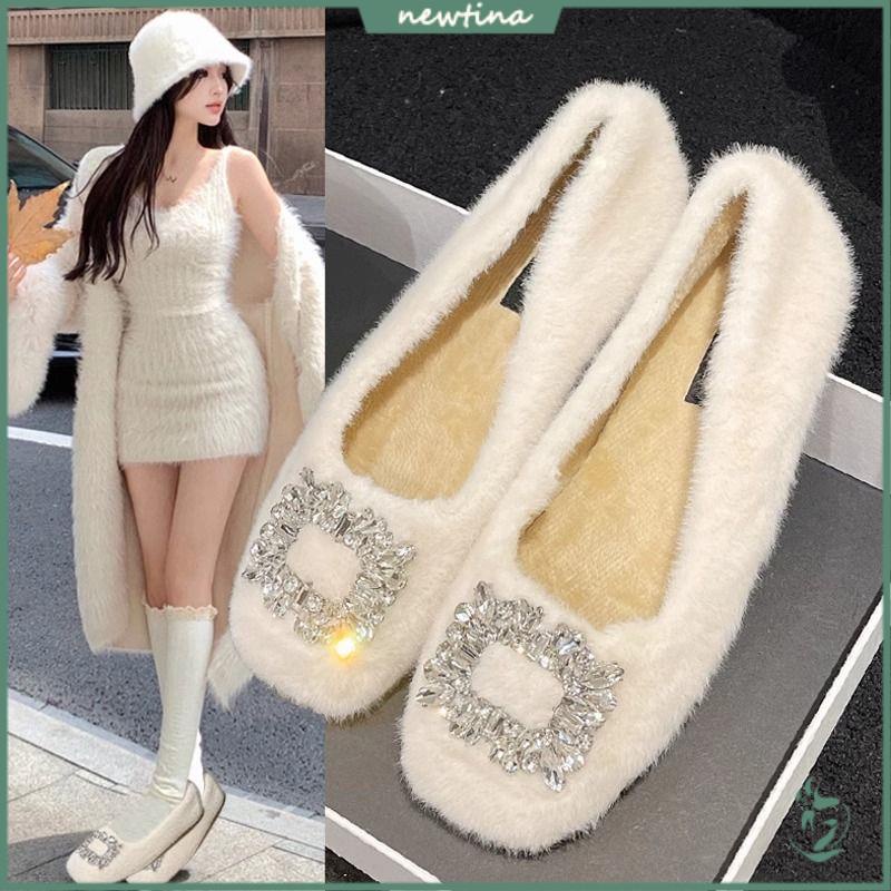 Giày Búp Bê Mũi Vuông Lót Lông Cừu Giữ Ấm Thời Trang Thu Đông Cho Nữ