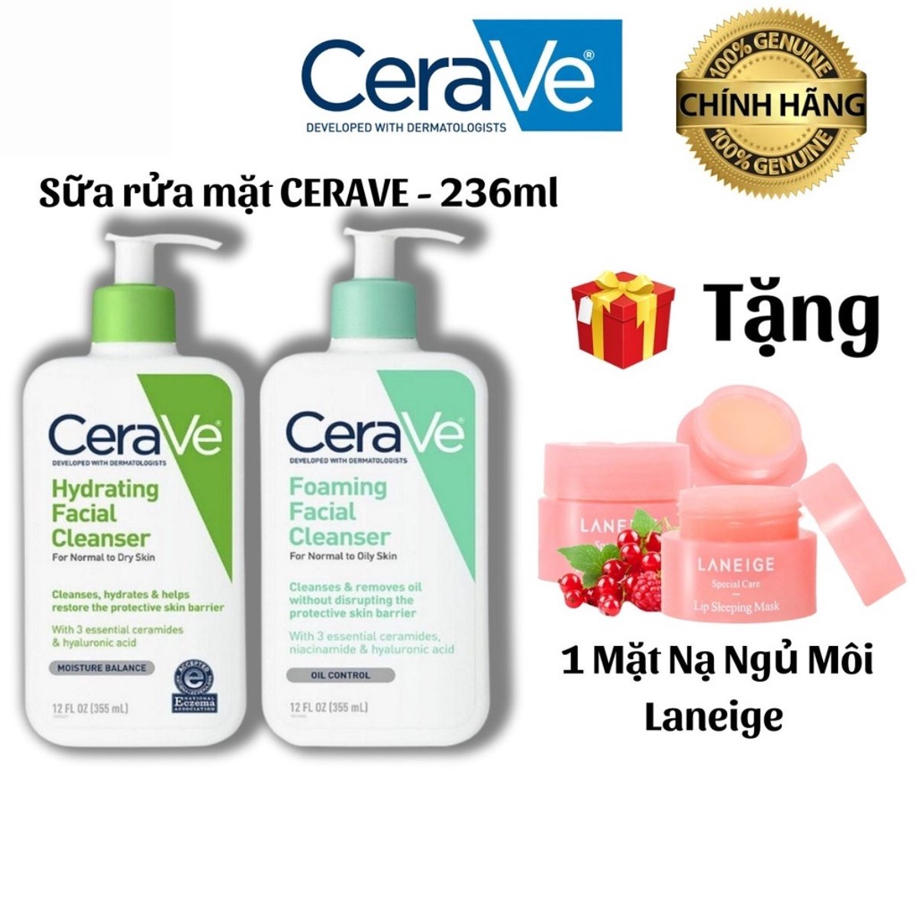 Sữa rửa mặt Cerave Foaming Cleanser phù hợp cho mọi loại da 236mll ( Tặng Kèm Mặt Nạ Ngủ Môi Laneigee)