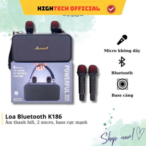 Loa bluetooth karaoke K183/K186 kèm 2 micro không dây xách tay công xuất 20W âm thanh trầm ấm bass căng- TECHHIGH