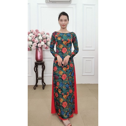 A1117 áo dài lụa pháp cổ thuyền nền xanh đậm hoa đỏ