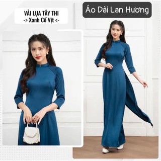 Áo dài trơn truyền thống 2 tà màu xanh cổ vịt vải lụa tây thi thiết kế - Áo Dài Lan Hương