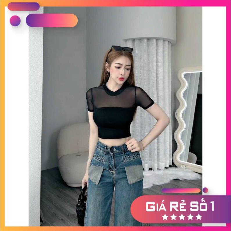 9iix Áo kiểu thun lưới croptop tay ngắn trẻ thời trang cho nữ