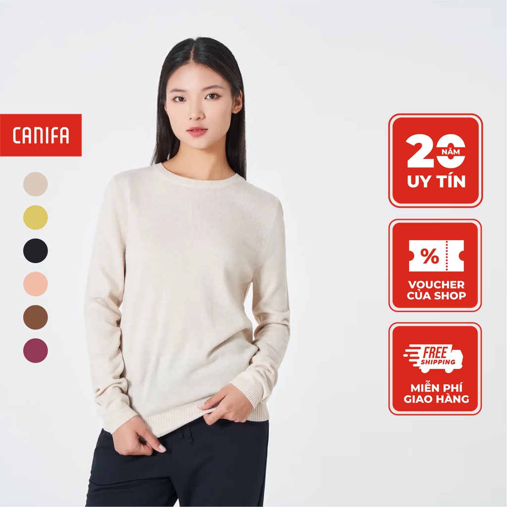 Áo len nữ CANIFA dài tay cổ tròn cotton mỏng basic ML23 6TE23W012