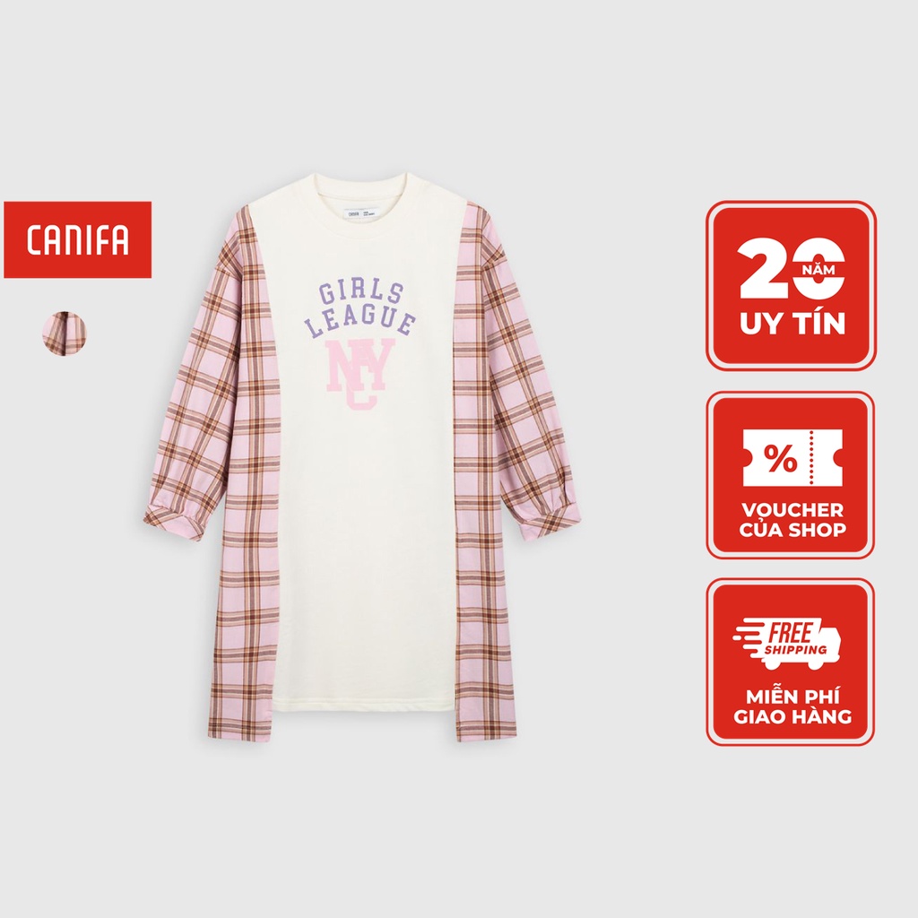 Váy liền dài tay bé gái CANIFA chất liệu cotton co giãn, thoải mái họa tiết in hình 1DS22W031
