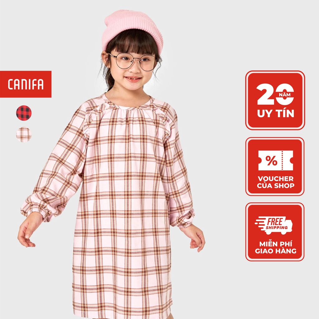 Váy liền bé gái CANIFA dài tay kẻ caro form xuông 1DS22W018