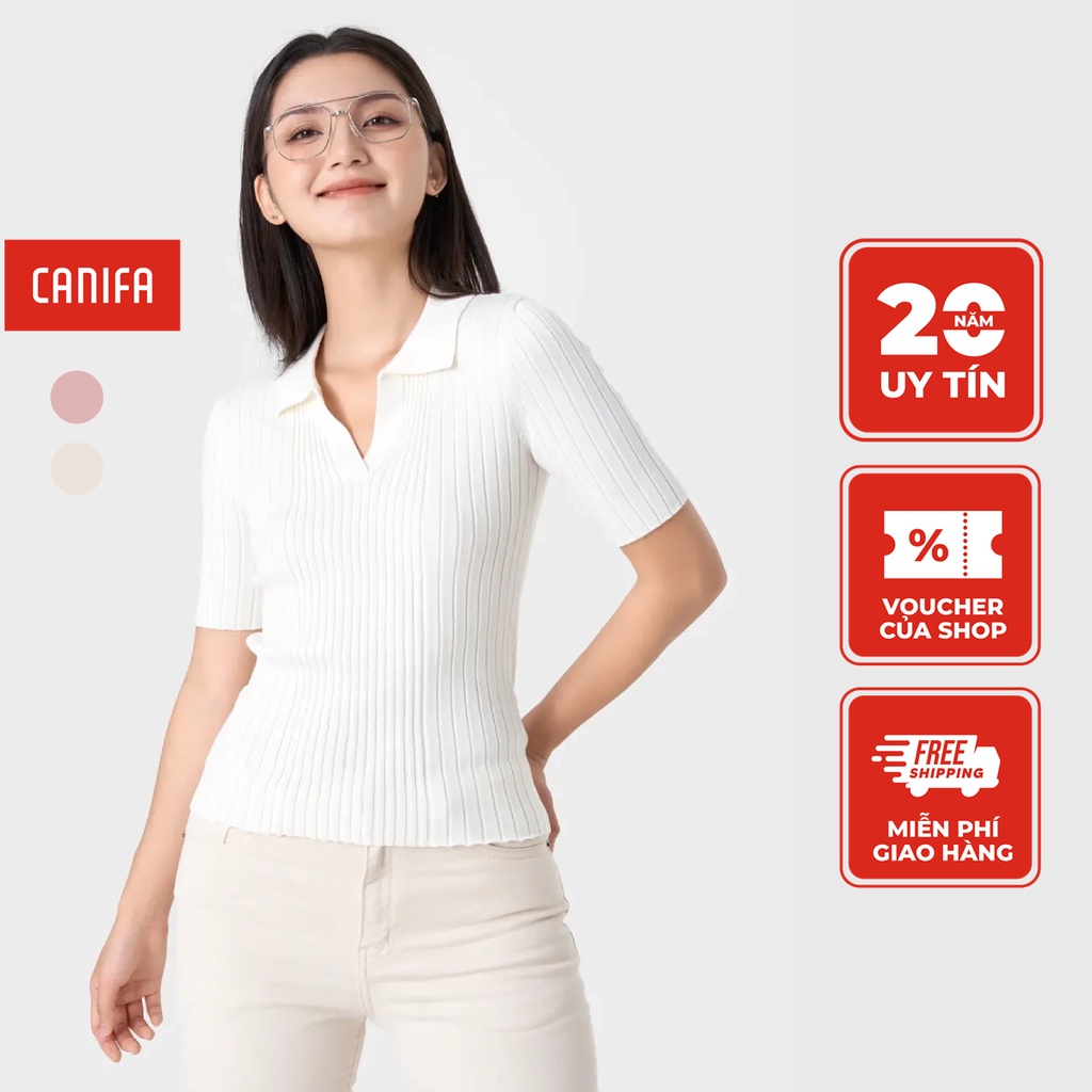 Áo len nữ CANIFA cổ bẻ cộc tay dáng ôm 6TE23W005