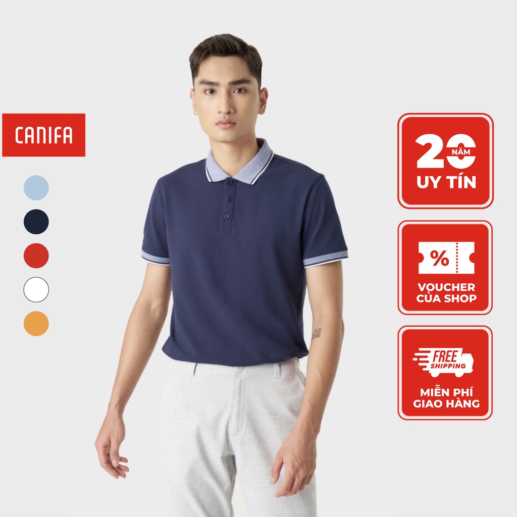 Áo polo nam CANIFA chất liệu cotton pha, phối bo cổ và bo tay kẻ 8TP23A003