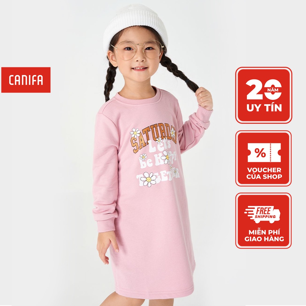 Váy liền bé gái CANIFA đầm dáng suông cố tròn dài tay in hình 1DS22W008