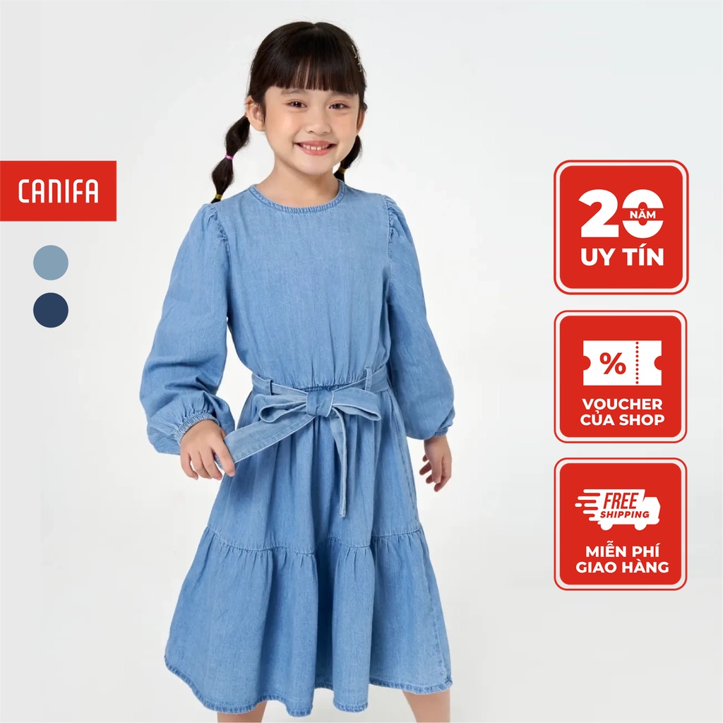 Váy liền bé gái CANIFA chất liệu denim dài tay có nơ thắt eo 1DS22C022