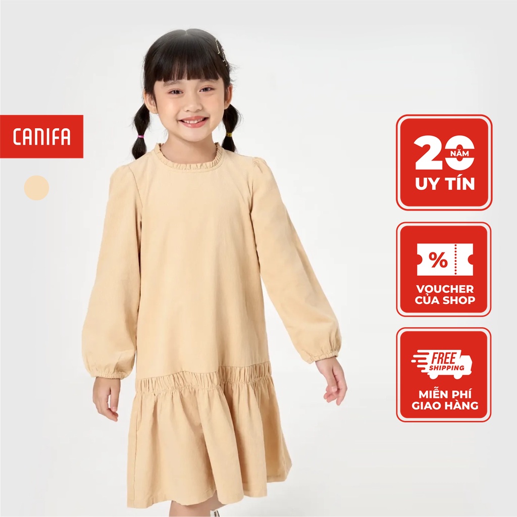 Váy liền dài tay bé gái CANIFA chất liệu 100% cotton, cổ dúm bèo, dáng suông1DS22W036