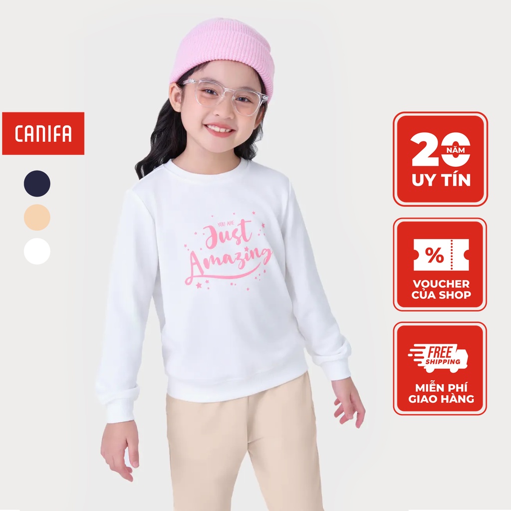 Áo nỉ bé gái CANIFA dài tay cổ tròn bo gấu có hình in 1TW23W007