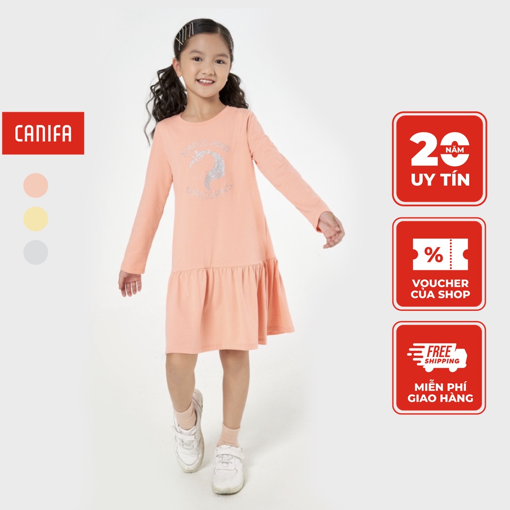 Váy bé gái CANIFA cotton dài tay dáng suông basic cổ tròn 1DS22W001