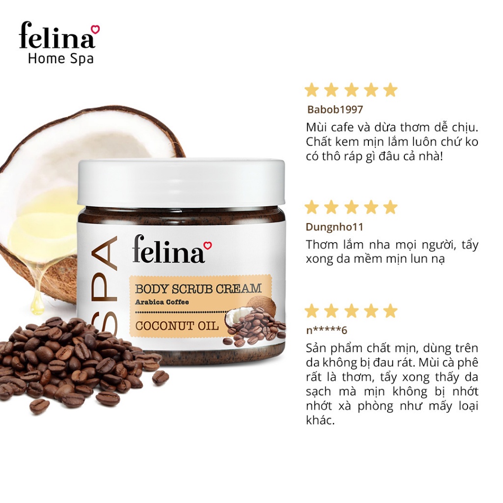 Kem tắm tẩy tế bào chết body Felina Home Spa 400g từ hạt cà phê và tinh dầu dừa giúp da sạch sâu, giảm thâm, đều màu