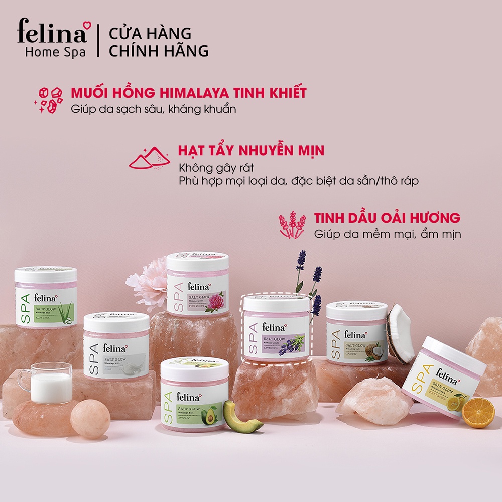 Muối tắm tẩy tế bào chết body Felina Home Spa muối hồng Himalaya 100g/500g cho da căn mướt