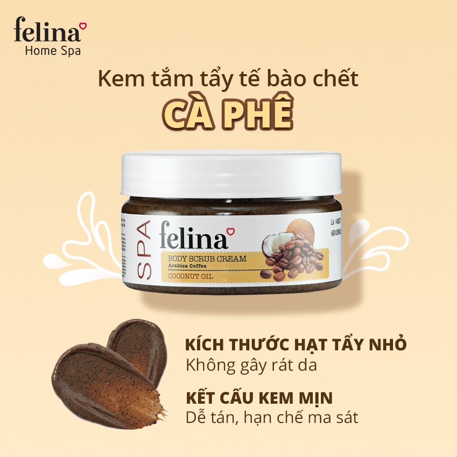 Combo 3 hộp Kem tắm tẩy tế bào chết cà phê từ Hạt cà phê và tinh dầu dừa giúp giảm thâm sạm Felina Home Spa 220g/ hộp