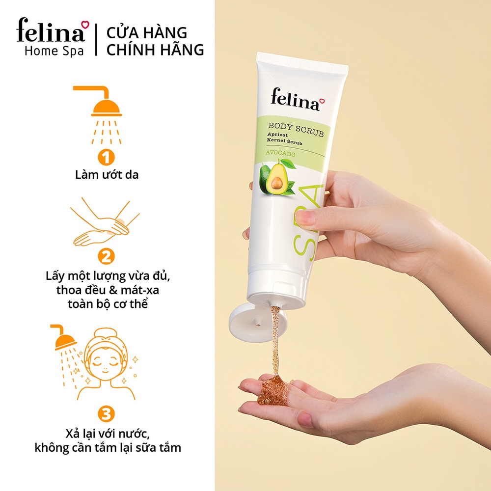 [Mã FRANCIA50 giảm 50% đơn 0] Gel tắm tẩy tế bào chết body Felina Home Spa 300ml từ hạt mơ nghiền cho da nhạy cảm