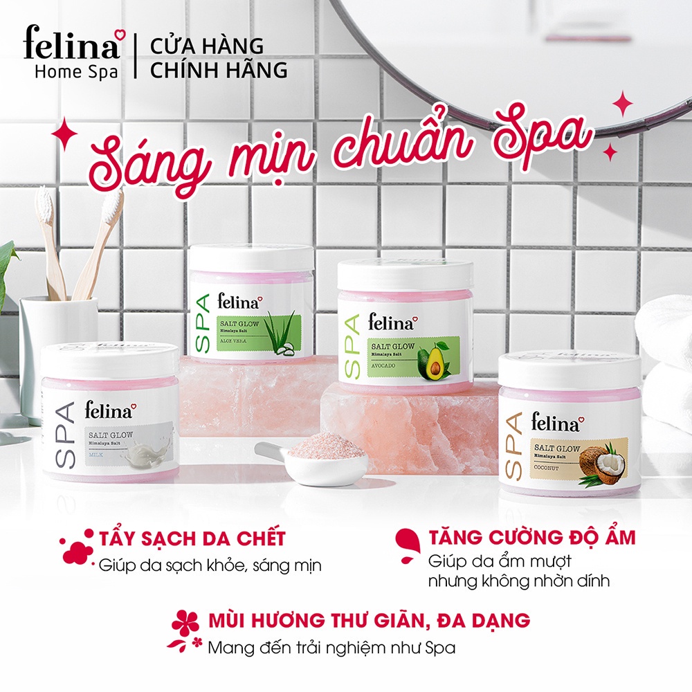 Combo 2 Hộp Muối Tắm Tẩy Tế Bào Chết Body Felina Home Spa 500g/hộp từ muối hồng Himalaya 100% thiên nhiên