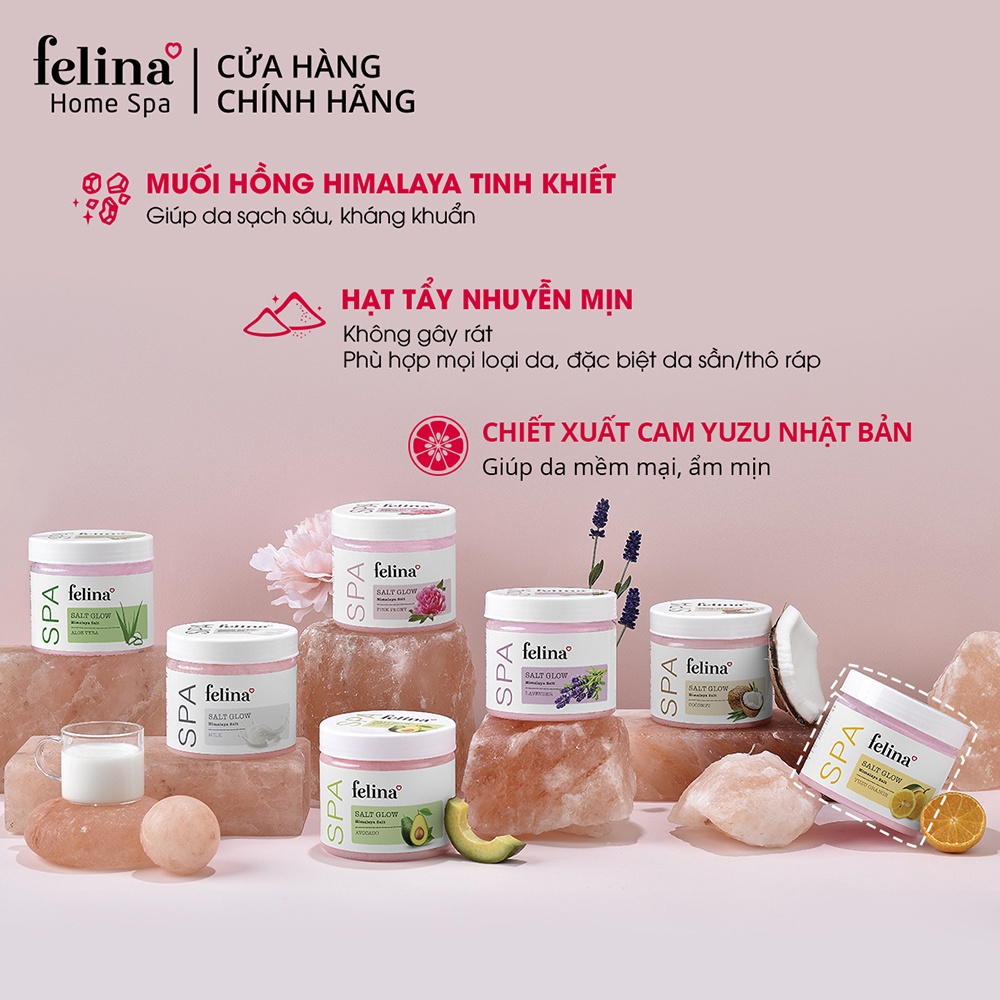 Combo 2 hộp Muối tắm tẩy tế bào chết body Felina Home Spa 500g/ hộp từ muối hồng Himalaya tinh khiết 100% thiên nhiên